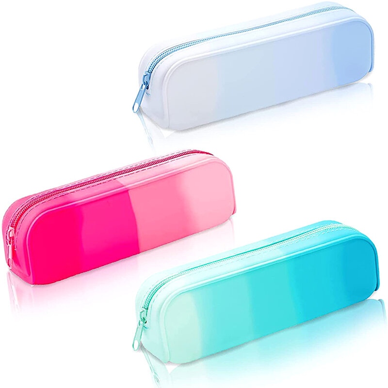 Gradient Color Rectangular Silicone Pen Box Large Capacity Office Pencil Bag For Students Learning Stationery Storage Supplies