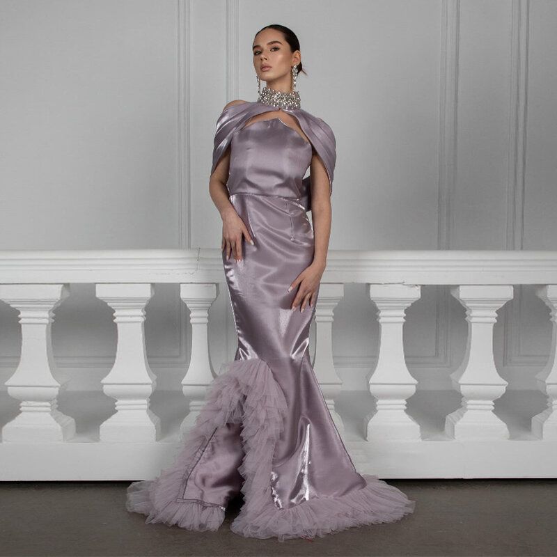 MOBUYE 2024 Arab Dubai Halter Neckline Prom Dress Floor Split Length Evening Fashion Elegant Party Dress For Women