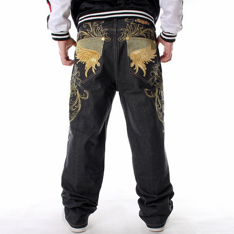 Pantalones vaqueros holgados de piernas anchas para hombre, Jeans negros bordados a la moda, tablero suelto, Rap, Hip Hop, talla grande 30-46