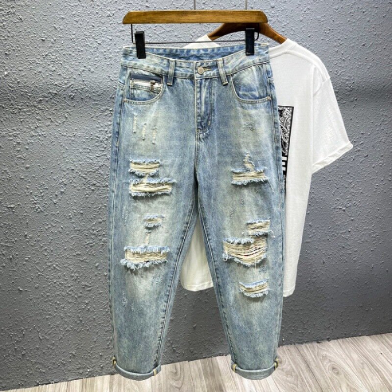 Jeans da moda com furo high-end masculino, calça retrô lavada, lavada com água, nova marca de moda de rua, primavera, 2022