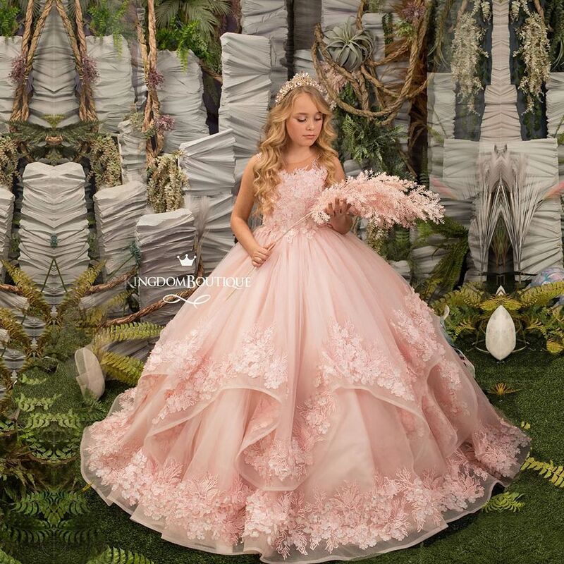 FATAPAESE-핑크 플라워 걸 드레스, 공주, 아름다운 튤 스커트, 말털 레이어, 브레이드 트리밍, 푹신한 볼 가운