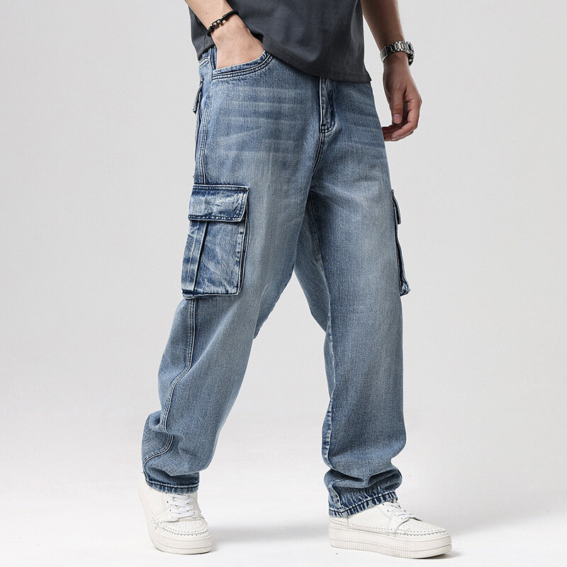 Plus Size spodnie Hip hopowe męska w stylu Vintage Retro spodnie Cargo z wieloma kieszeniami deskorolka dżinsy męskie 40 42 44 46