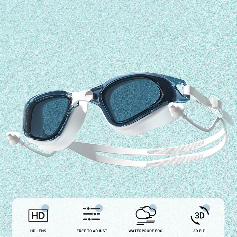 แว่นตาว่ายน้ำหมวกว่ายน้ำสำหรับผู้ใหญ่ HD ชุดแว่นตาว่ายน้ำป้องกันการเกิดฝ้าแว่นตากันน้ำซิลิโคนกันน้ำพร้อมที่อุดหูป้องกันรังสียูวี