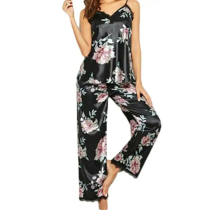 Ensemble pyjama sexy pour femmes, 2 pièces, imprimé floral, col en v, pantalon long en dentelle, vêtements de nuit
