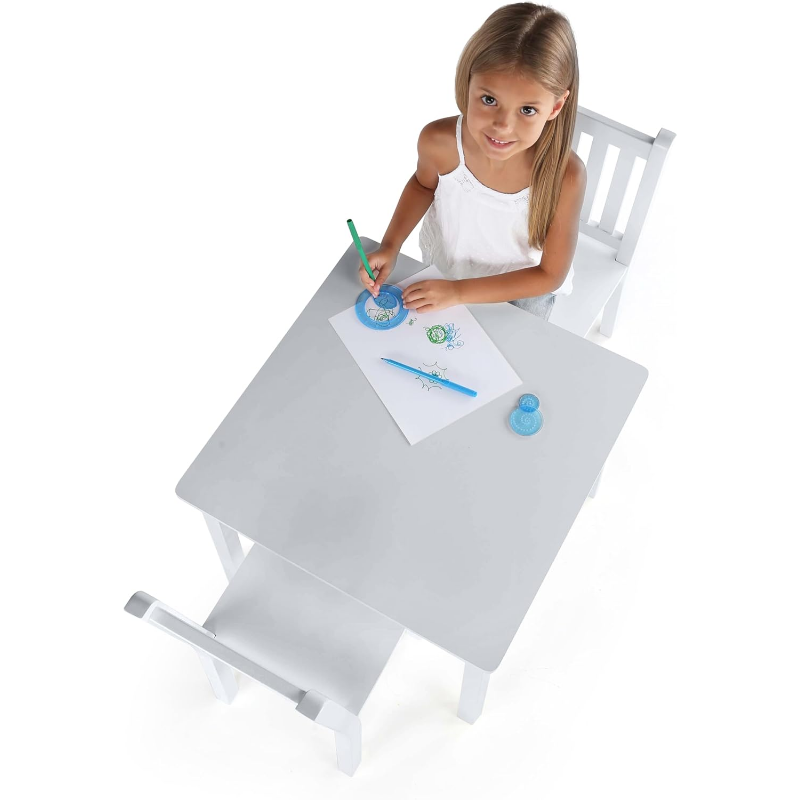 White Kids Wood Square Table and 2 Chairs Set  Children Table and Chair Set
