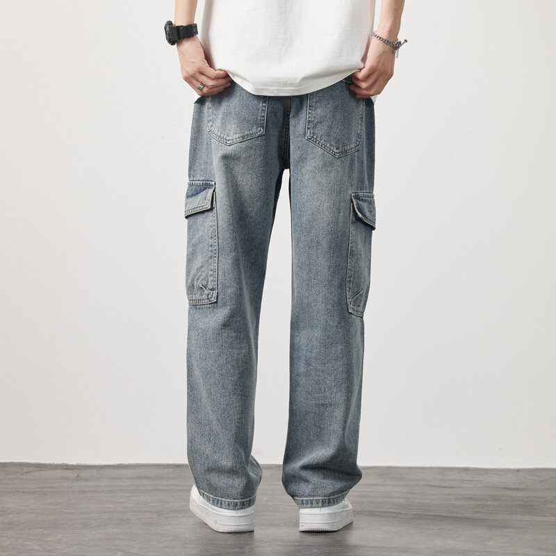 Spodnie Cargo męskie proste dżinsy rozciągliwa talia casualowe miękkie spodnie dresowe odzież męska luźne spodnie jeansowe w stylu Vintage