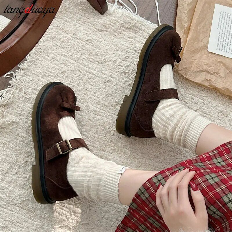 คาวาอี้แฟชั่นรองเท้าโลลิตาสำหรับเด็กผู้หญิง2024รองเท้าสไตล์ญี่ปุ่น PU Mary Janes ผูกโบว์หวานน่ารักนิ้วเท้ารอบต่ำรองเท้าโลฟเฟอร์