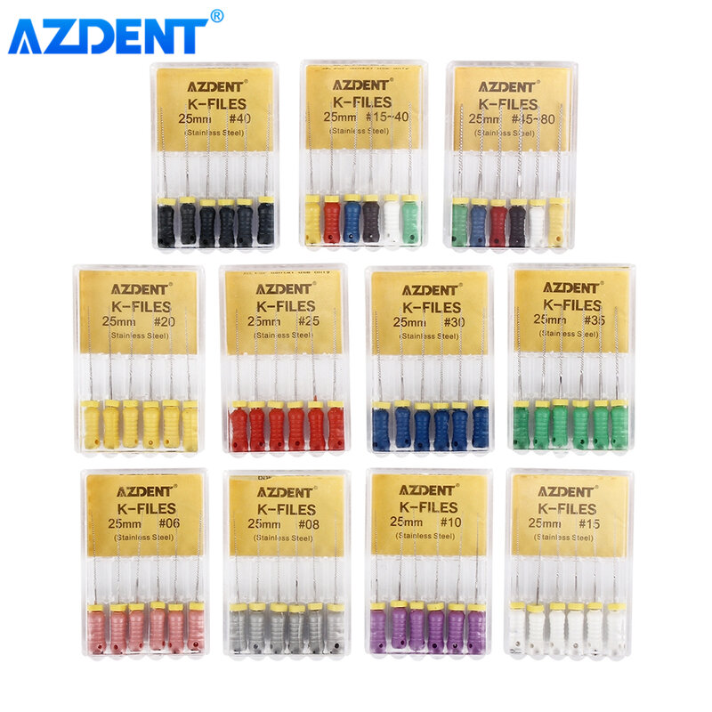 AZDENT-limas K de acero inoxidable para uso manual Dental, herramientas de dentista, instrumentos de laboratorio Dental, 21/25mm, 6 unids/lote por caja