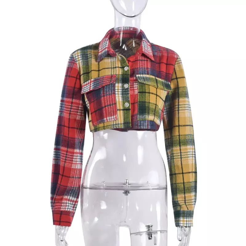 Color Patchwork Plaid Short Shirt Coat for Women 2023 Autumn New Long Sleeve Polo Pocket Single Breasted Jackets Top Streetwear
