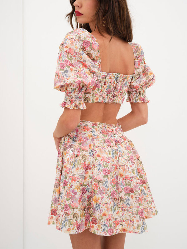 CHQCDarlys-Mini vestido boho floral casual feminino, manga curta inchada, gola quadrada, sem encosto, recortado vestido curto de praia, verão
