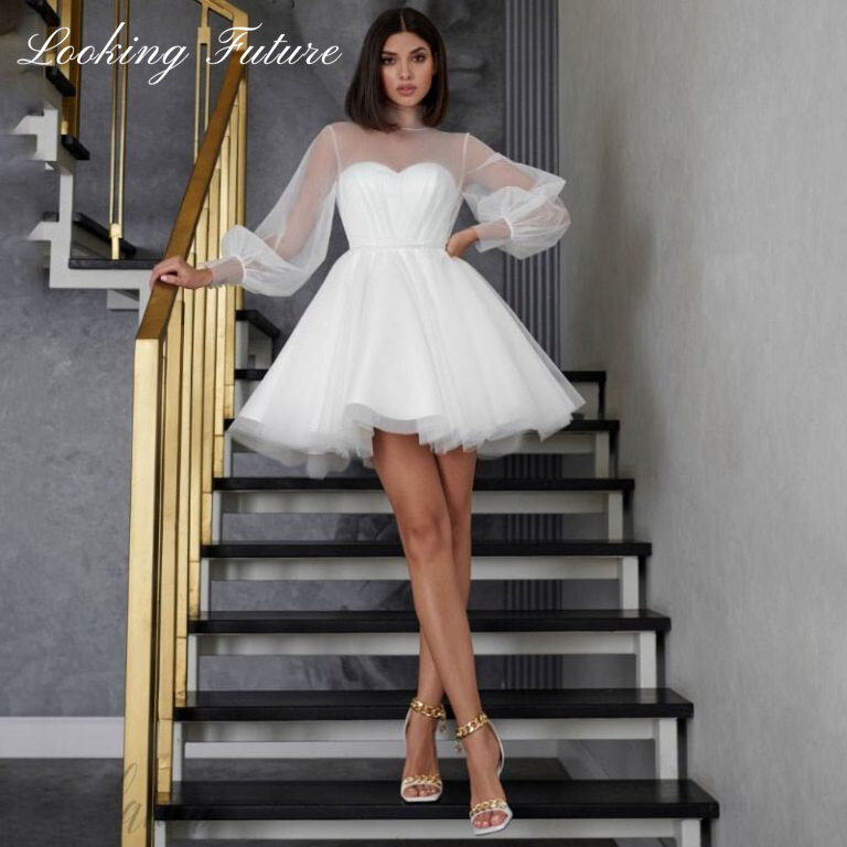 Gaun pernikahan pendek putih untuk wanita, gaun pengantin Sweetie kerah tinggi ilusi lengan Puff panjang 2024