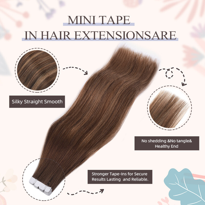 Aw Mini Tape In Hair Extensions Human Hair Real Natuurlijke Non-Remy Hair Balayage Rechte Naadloze Huid Inslag Voor Vrouwen Tape Ins