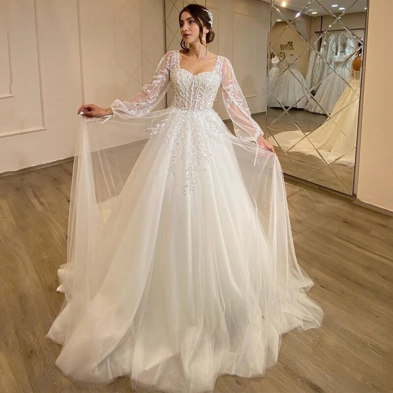 Illusion Long Sleeve Woman's Wedding Dresses A Line Sexy Lace Appliques Bride Gowns Fuffy Tulle Formal Beach Party 2024 Vestidos