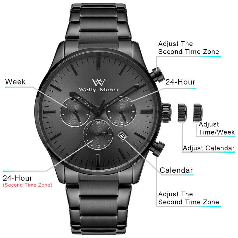 Welly Merck Business Fashion Mens Watches with Stainless Steel Waterproof Auto Date Chronograph TMI VD33 Quartz Watch for Men