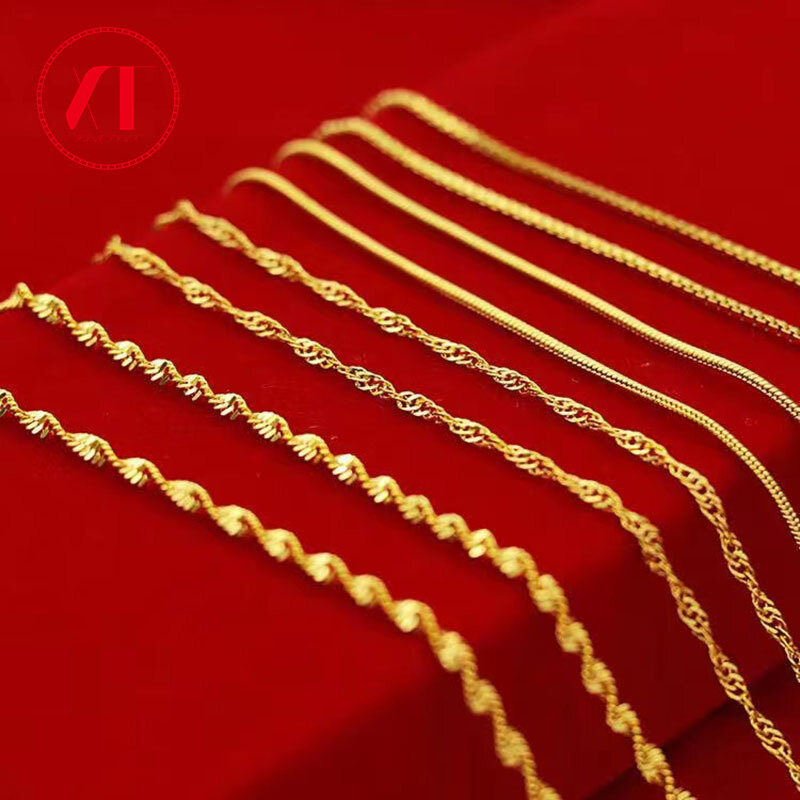 24K Gold Necklace Plating Clavicle Chain Water Wave/ Snake/ Box Chain Charm Choker For Woman Wedding Femme Jewelry