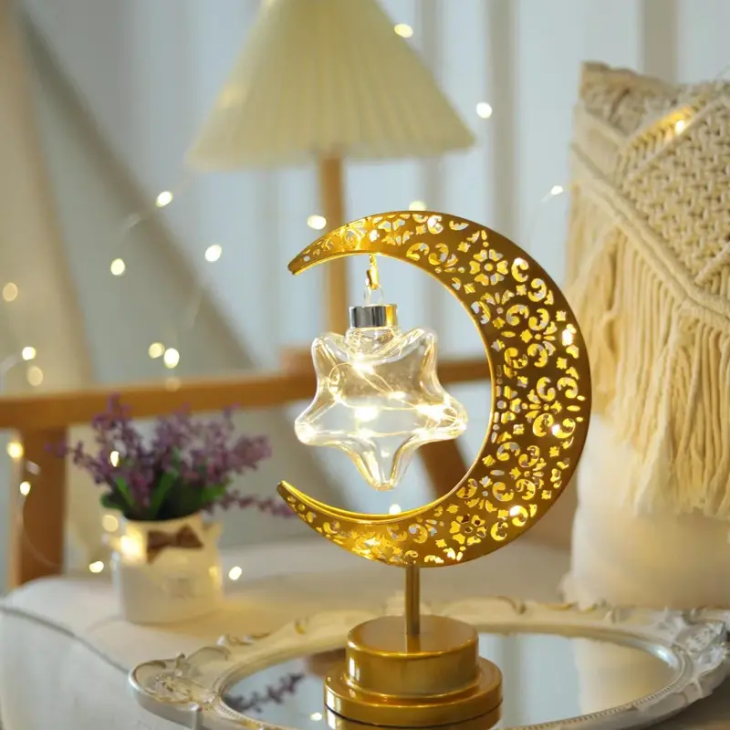 Ramadan Moon Led Light 2024 Eid Mubarak Decoratie Metalen Lamp Voor Huiskamer Ramadan Kareem Islamic Moslim Eid Al Adha Party Cadeau