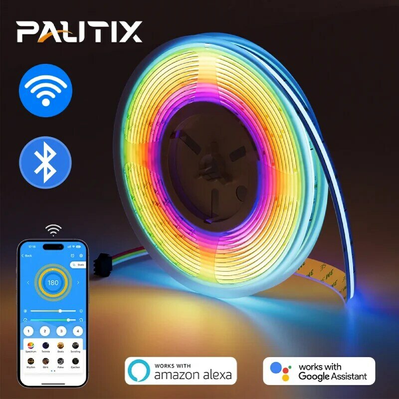 PAUTIX 12V/24V COB RGBIC Pixel Endereçável LED Strip Kit Smart Wifi Bluetooth App Controle Trabalhe com Alexa/Google Home