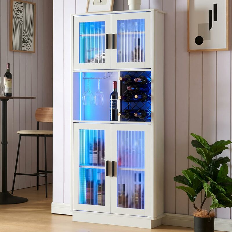 Freestanding Tall Bar Cabinets with Wine Rack and Light, 4 Doors Liquor Storage Cupboard w/ Glass Holder for Kitchen/Dining Room