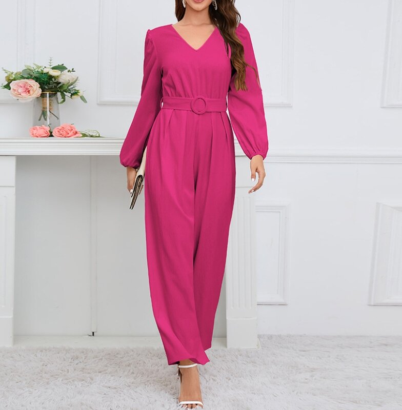 Women's Jumpsuit 2023 New Autumn Fashion Casual Solid Color V-Neck Long-Sleeved High Waist Straight Trousers Jumpsuit with Belt