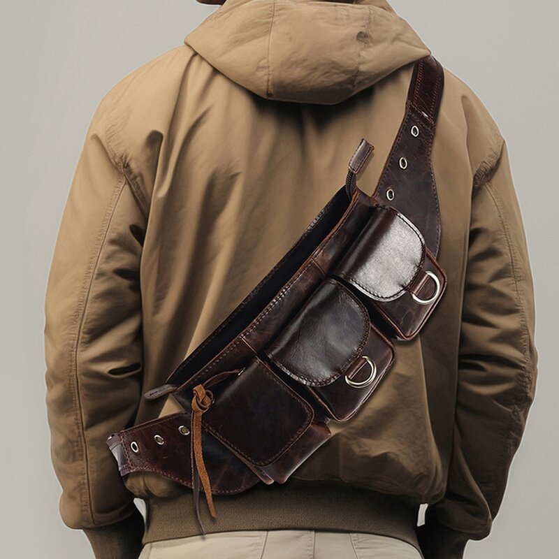 Кожаная поясная сумка для мужчин в стиле ретро, вместительная нагрудная Сумочка через плечо, мотоциклетные сумочки из воловьей кожи для телефона