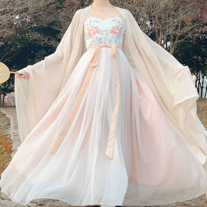 Fairy ผู้หญิงจีนแบบดั้งเดิม Hanfu ชุดสุภาพสตรีชุดเย็บปักถักร้อยดอกไม้ Tang ความงามเจ้าหญิงเต้นรำเส...