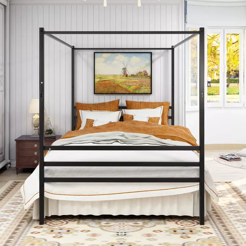 Королевский размер, металлическая кровать с изголовьем кровати, матрас, основание, платформа, рамка для кровати, цвет черный [искусственная кожа]