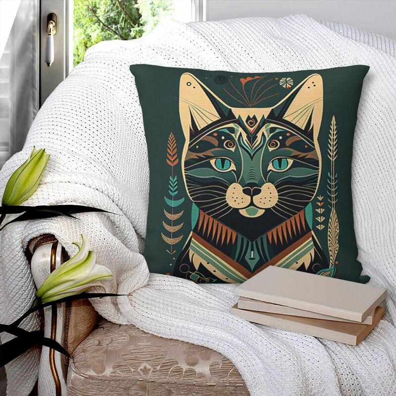 Funda de almohada cuadrada de gato bohemio, cubierta de cojín de poliéster con cremallera decorativa, cómoda, para el hogar y el dormitorio