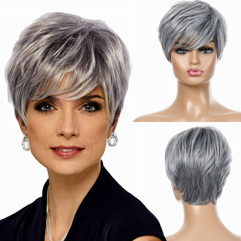 Synthetic Short Pixie Cut Wigs For Women Natural Straight Hair Silver Grey With Bangs Mommy Hair Ombre Curly Costume Party Wig