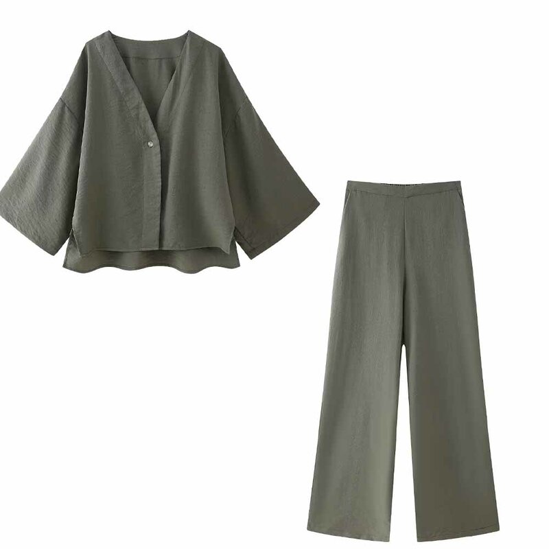 Conjunto de 2 piezas de moda para mujer, camisa kimono corta de lino mezclado, traje de pierna ancha con pantalones, 2024