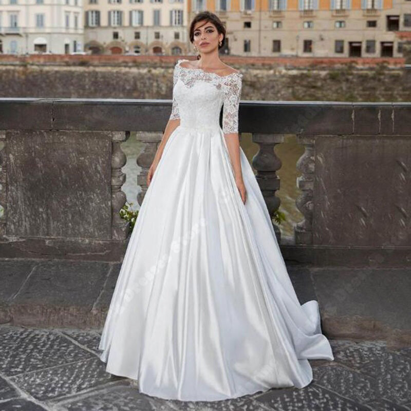Vintage Off The Shoulder Wedding Dresses Three-Quarter Sleeves A-Line Bridal Gowns Lace Appliques Tulle Robes Vestidos De Novia