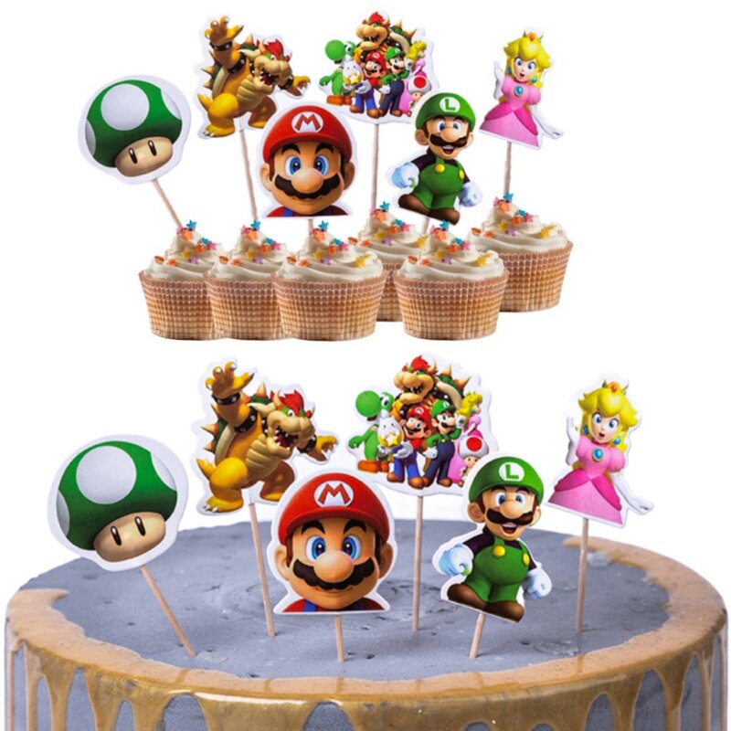 Adornos para tartas de Super Mario Bros, banderas para cupcakes de fiesta de Mario, dibujos animados para Baby Shower, decoraciones para tartas de fiesta de cumpleaños para niños, regalos, 24 piezas por juego