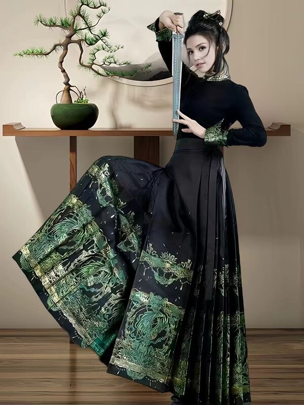 Оригинальная китайская юбка Hanfu с изображением лошади династии Мин, Женская Китайская традиционная юбка с вышивкой, осенняя юбка с изображением лошади и пони