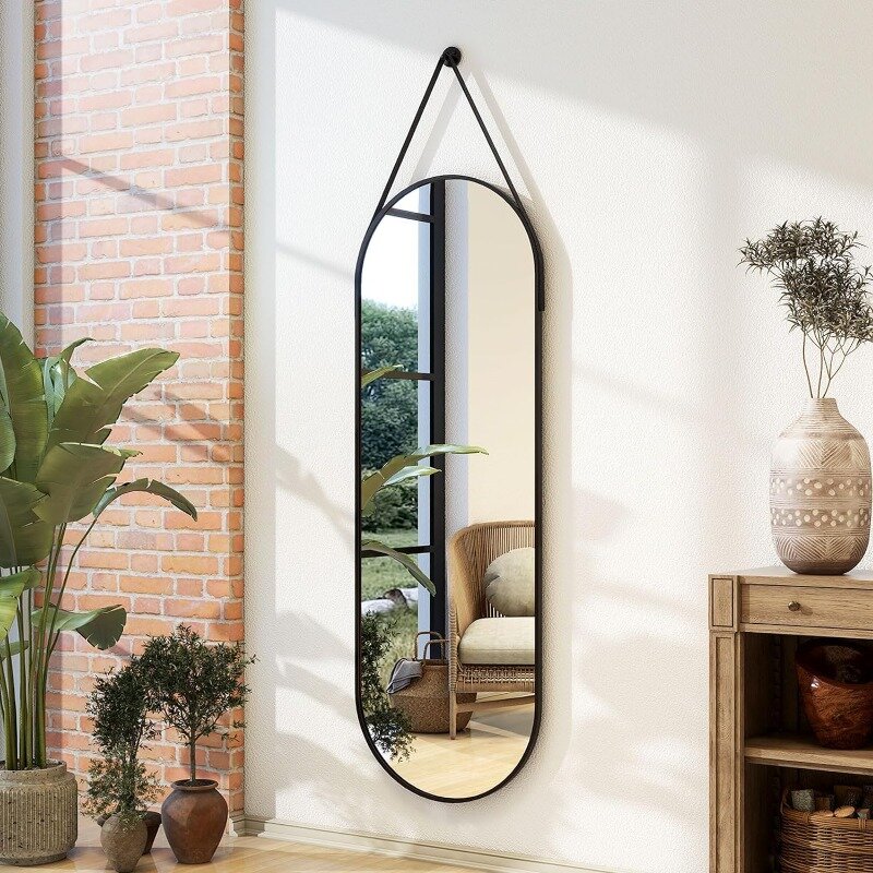 Espejo arqueado de longitud completa, marco de aluminio moderno con cordón de cuero colgante, Ideal para baño, sala de estar, dormitorio, 16x48 pulgadas