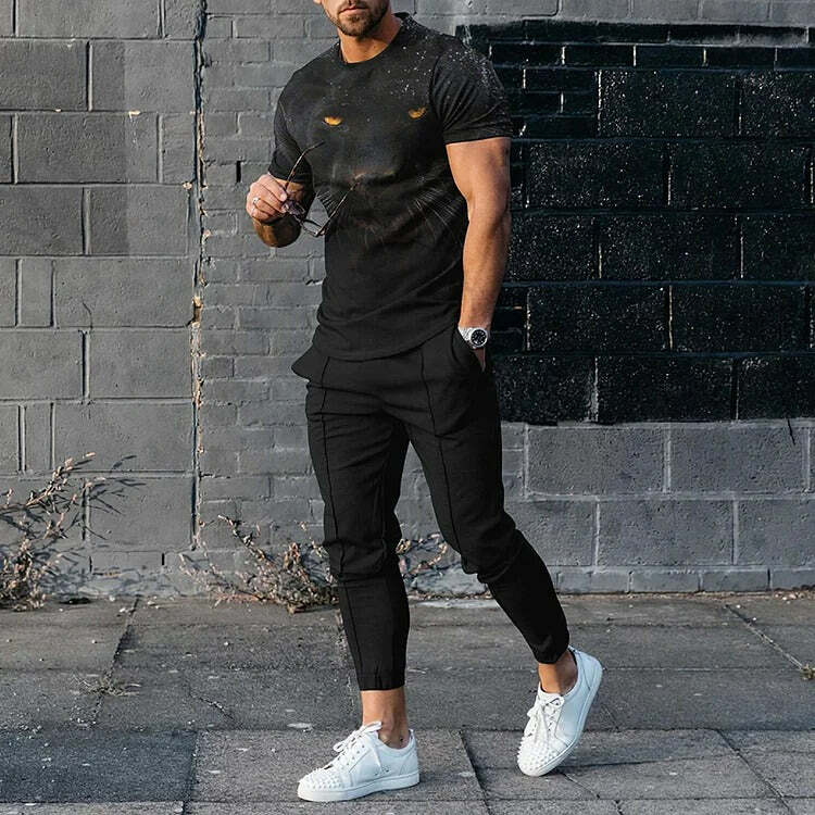 Moda masculina camiseta leopardo 3d impresso masculino conjuntos casual terno