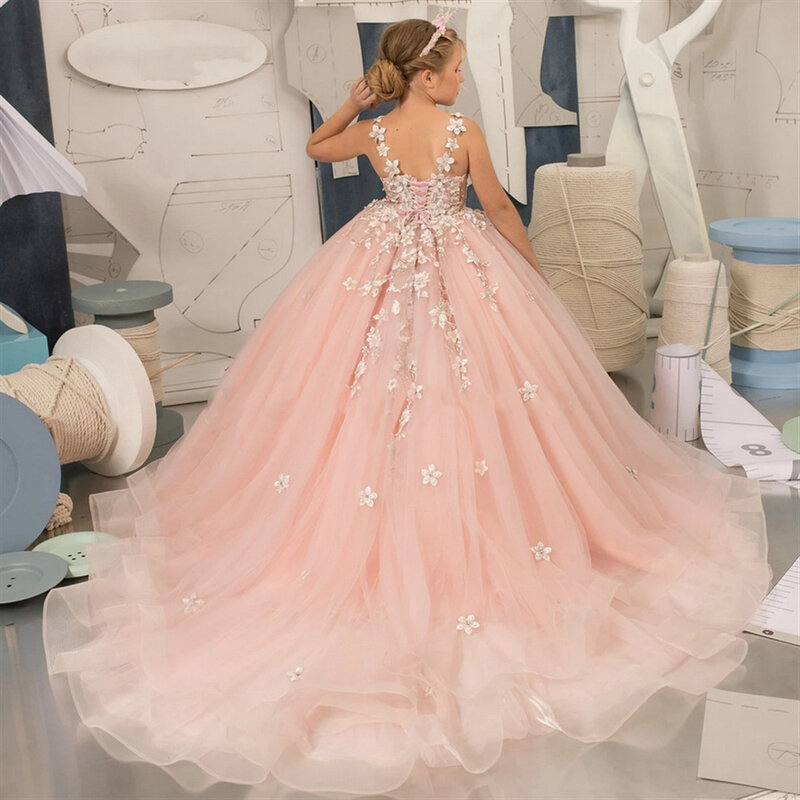Розовые тюлевые платья с цветами для девочек на свадьбу, элегантные Детские вечерние платья принцессы на день рождения, для первого причастия, торжества, бальных нарядов