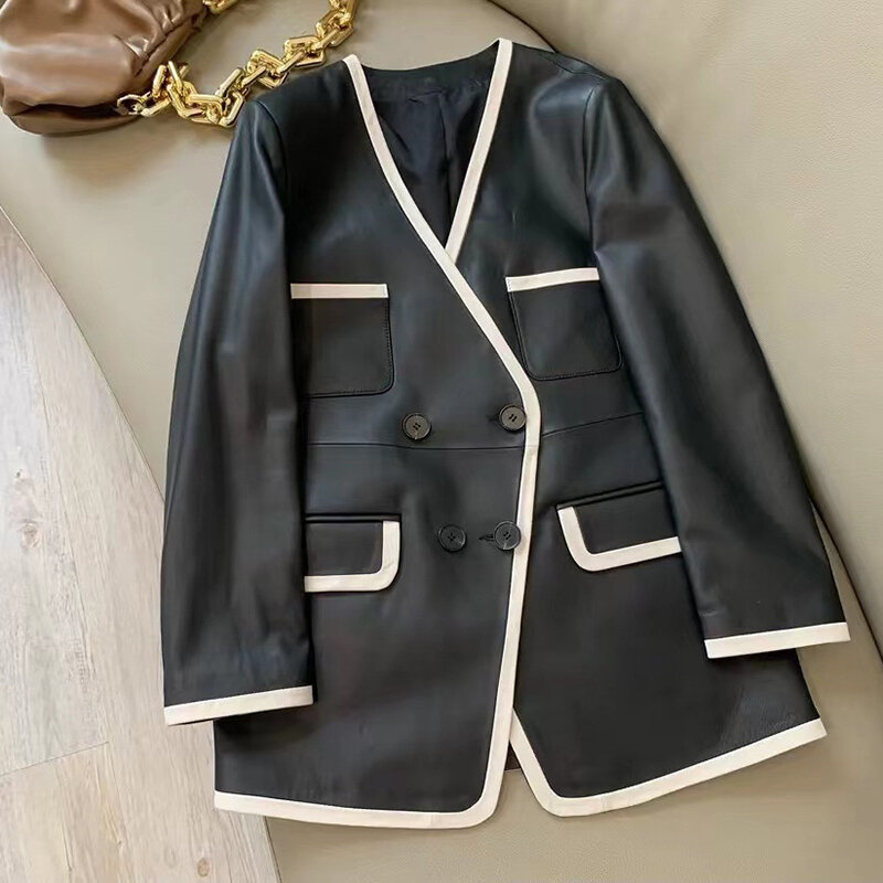Genuine Leather Jacket for Women Harajuku Fashion Color Matching V-Neck Double-Breasted Medium To Long Sheepskin Suit Coat Femme
