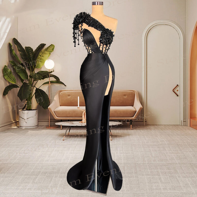 Arabic Dubai New Black Mermaid Exquisite Evening Dresses Modern One Shoulder Beading Prom Gowns High Side Split Vestido De Festa