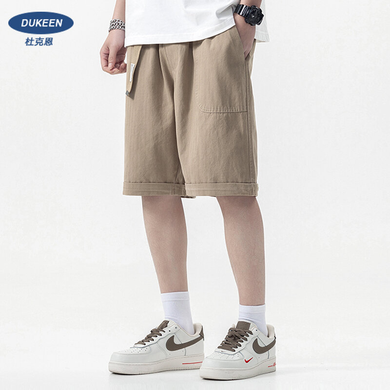 DUKEEN pantalones cortos de estilo de trabajo para hombre, pantalones casuales sueltos de verano, pantalones medios de cintura elástica, caqui, cinco Pantalones