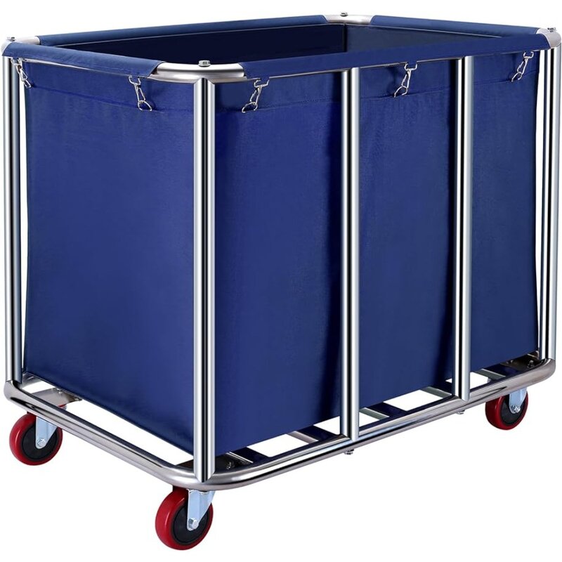 Carrito de lavandería comercial con ruedas, cesta de lavandería grande de 400L con ruedas, cesto de lavandería con ruedas, marco de acero resistente (azul)