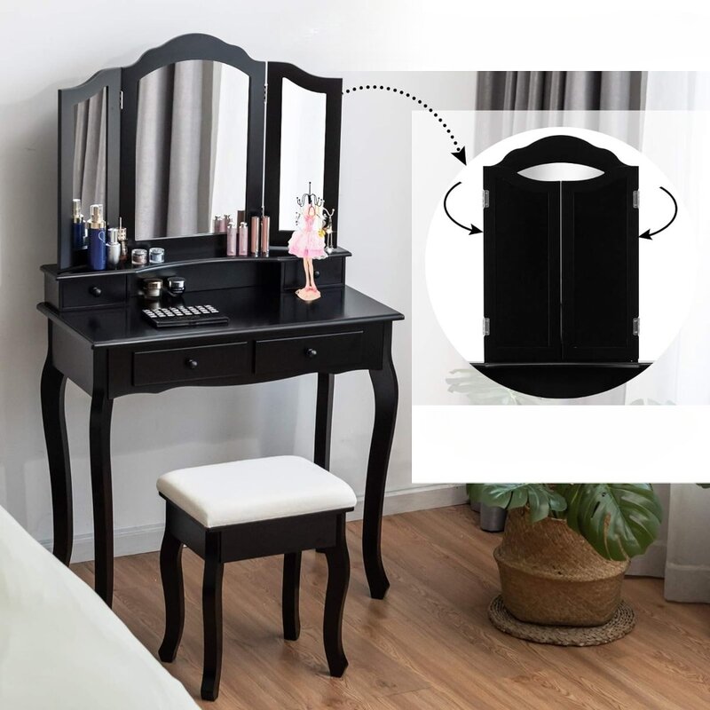 Dressers,Vanity Table Set with Tri-Folding Mirror and 4 Drawers, Modern Bedroom Bathroom Dressing Table Makeup  Dressers