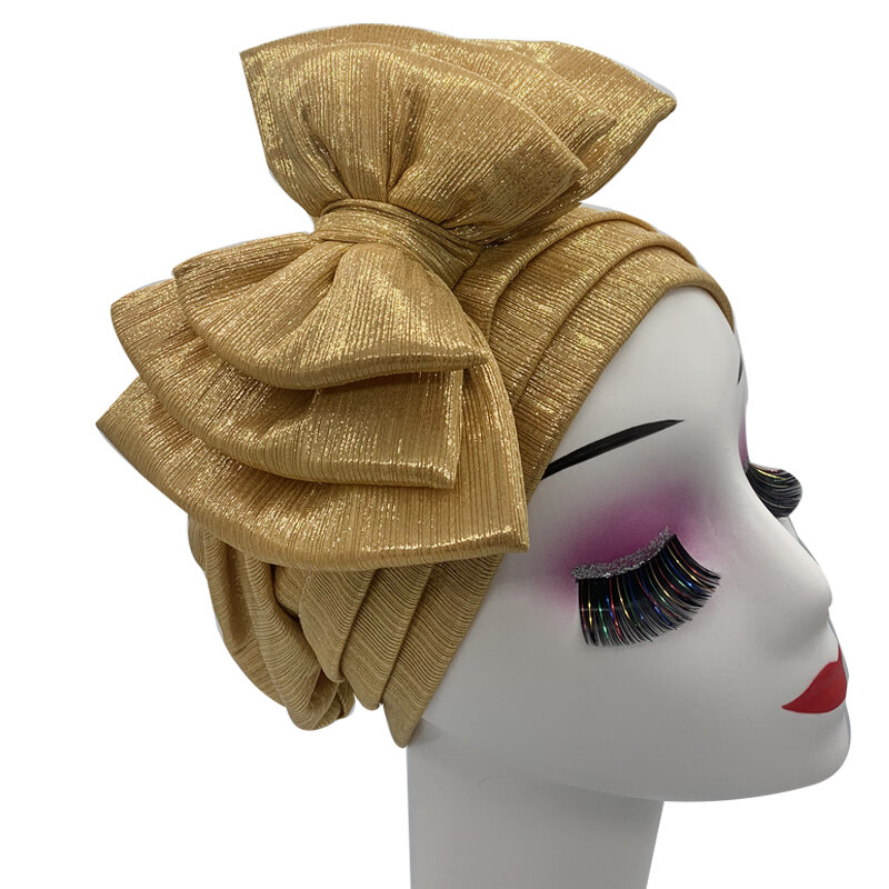2022ใหม่ Multilayer Bow-Tie ผ้าโพกศีรษะ Bonnet ผู้หญิง Soild สีหัว Wraps แอฟริกัน Headtie ไนจีเรียงานแต่งงาน Headwear ผู้หญิงหมวก
