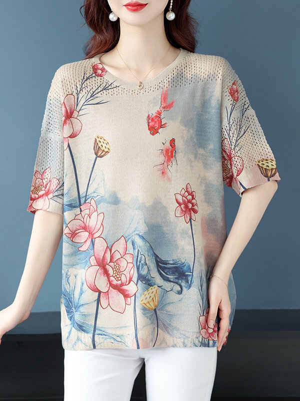 Camiseta de malha oca estampada feminina, top solto, pulôveres t-shirt, roupas femininas, Y2K, verão, 2024