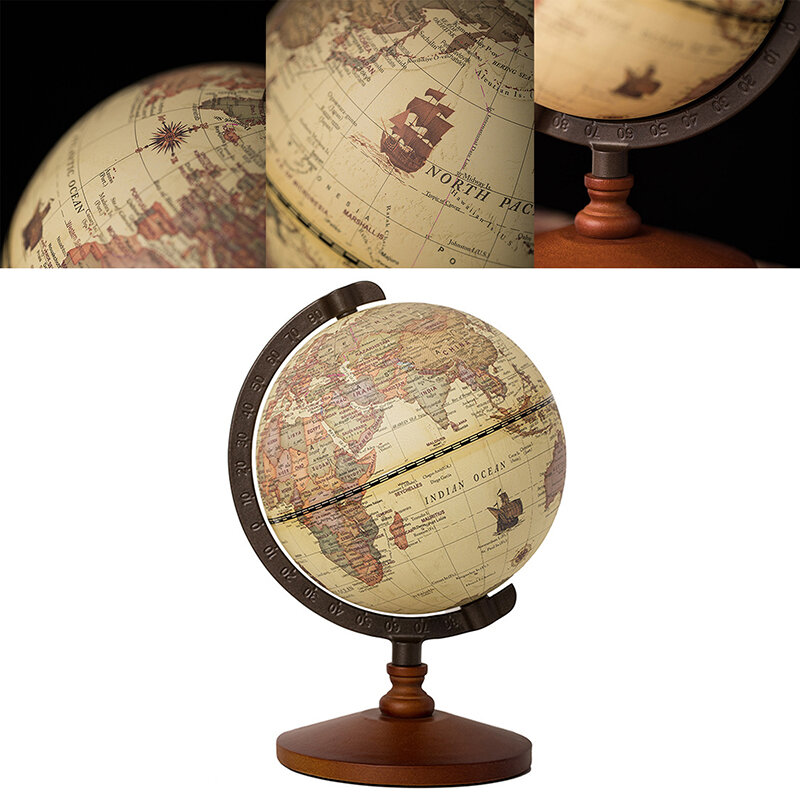 Wooden Globe Vintage Style World Map Geography Model Desk Decorative Ornaments Art Crafts Figurines Office Home Decoration