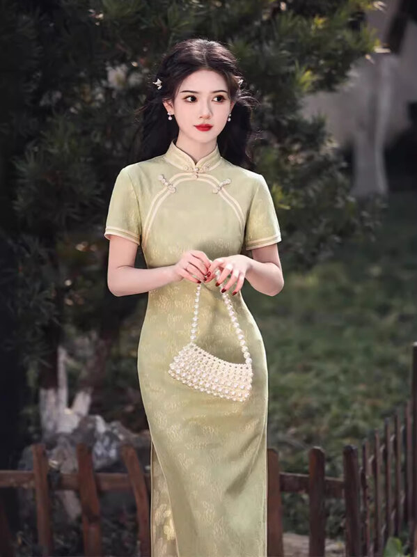 2024 Spring/Summer New Lace Round Neck Mid length Qipao Girl's Short sleeved Standing Neck Chinese Style Cheongsam