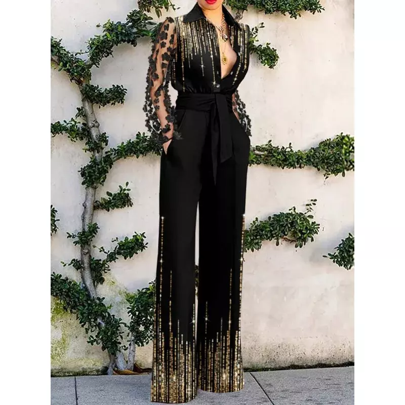 2024 Spring Summer New Women's Clothing Sexy Lace See-through Long Sleeve Stitching One-Piece Trousers