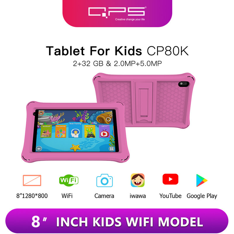 Tableta QPS de 8 pulgadas para niños, tablet con android PC, 4500mAh, 2GB de RAM, 32GB de ROM, para aprendizaje, con soporte