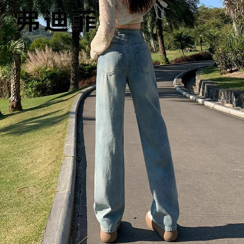 Celana Jeans wanita berlubang pinggang tinggi, celana panjang kaki lebar serbaguna desain modis baru edisi Korea Musim Semi dan Gugur