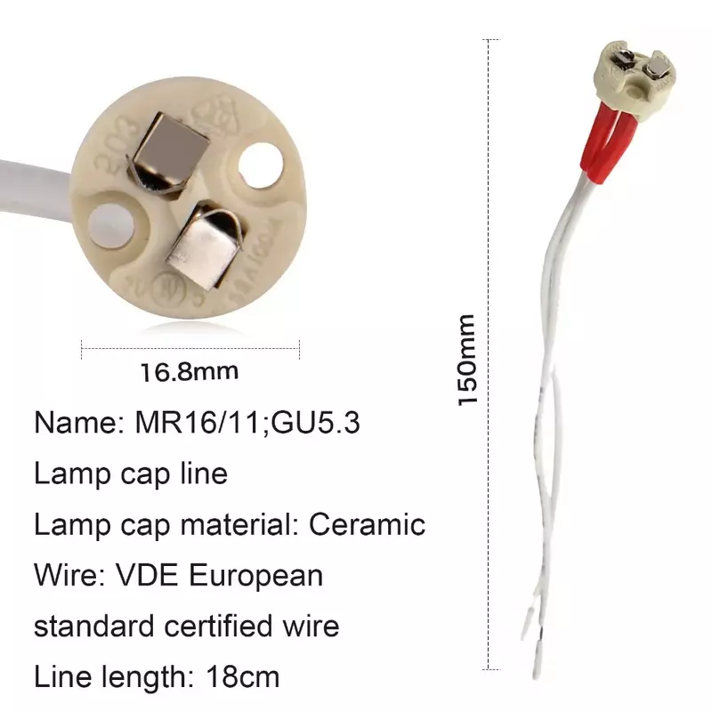 Base da lâmpada do conector do cabo, MR16, GU10, soquete da lâmpada MR16, encaixe do suporte do reparo, cabo do silicone, 10cm