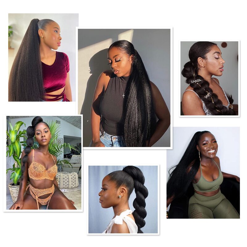 30“Kinky Straight Ponytail Wrap Around Long Ponytail Extension Natural Black Yaki Ponytail Extension for Black Women Tails