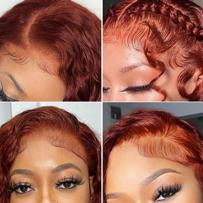 Peluca de cabello humano con encaje Frontal, pelo ondulado y mojado, color marrón rojizo, 13x6, HD, 13x4